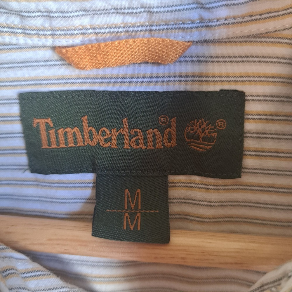 Vintage Timberland Y2K Prep Retro Men's M Beige/White Pinstriped Button-Down - Picture 5 of 10